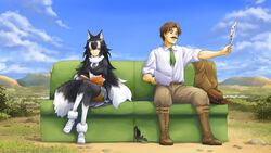  1boy ;) animal_ears black_hair black_legwear blue_eyes blush boots breasts brown_eyes brown_hair commentary_request crossed_legs facial_hair female fur_collar gloves grey_wolf_(kemono_friends) hat highres kemono_friends large_breasts long_hair looking_at_another looking_to_the_side moustache multicolored_hair naka_(nicovideo14185763) necktie one_eye_closed outdoors photoshop_(medium) sitting smile tail two-tone_hair white_gloves white_hair white_legwear wolf_ears wolf_girl wolf_tail 