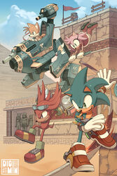  3boys absurdres amy_rose blue_eyes bracelet digimin female furry furry_female furry_male goggles goggles_on_head green_eyes highres jewelry knuckles_the_echidna mecha midair multiple_boys purple_eyes pyramid_(structure) robot sharp_teeth shoes smile sneakers sonic_(series) sonic_adventure_2 sonic_the_hedgehog spiked_knuckles statue tail tails_(sonic) teeth 