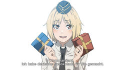  blonde_hair box brown_eyes collared_shirt commentary_request commission commissioner_upload female german_text gift gift_box girls&#039;_frontline griffin_&amp;_kryuger hat highres holding holding_gift jewelry long_sleeves looking_at_viewer md5_mismatch military military_hat military_uniform mp40_(girls&#039;_frontline) necktie open_mouth pixiv_commission resolution_mismatch ring shirt short_hair smile solo source_smaller translated triangle_bullet uniform wedding_ring 