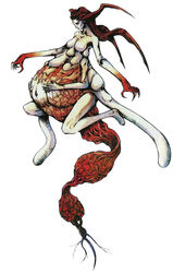  claws eve_(parasite_eve) extra_arms female holding_stomach horns long_hair monster_girl nomura_tetsuya official_art pale_skin parasite_eve pregnant red_hair solo veins 