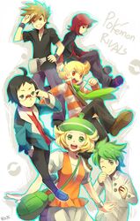  5boys adjusting_eyewear ahoge alternate_costume artist_name bad_id bad_pixiv_id bag ball barry_(pokemon) beret bianca_(pokemon) black_hair blonde_hair blue_oak brown_hair cheren_(pokemon) female glasses green_eyes green_hair green_scarf grey_eyes happy hat holding holding_ball holding_poke_ball jewelry multiple_boys necklace one_eye_closed open_mouth orange_eyes poke_ball poke_ball_(basic) pokemon pokemon_bw pokemon_dppt pokemon_frlg pokemon_hgss pokemon_platinum pokemon_rse red_hair reka salute scarf short_hair signature silver_(pokemon) skirt smile two-finger_salute wally_(pokemon) winter_clothes wristband 