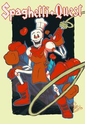  2015 animated_skeleton apron armor bone castlevania chef_hat clothing english_text food fruit gloves handwear hat headgear headwear humanoid konami kurobi male meatball not_furry open_mouth papyrus_(undertale) parody pasta plant skeleton solo spaghetti text tomato undead undertale undertale_(series) 