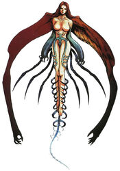  breasts claws eve_(parasite_eve) facial_mark female floating forehead_mark large_breasts long_hair monster_girl no_nipples nomura_tetsuya official_art parasite_eve red_hair solo tail wings 