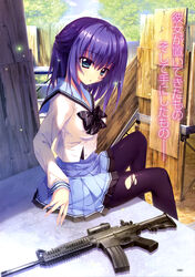  absurdres assault_rifle blue_eyes breasts female gun half_updo highres honjou_kasumi izumi_tsubasu m4_carbine marehoshi_academy_school_uniform medium_breasts pantyhose pleated_skirt purple_hair re:stage! rifle school_uniform short_hair skirt solo torn_clothes torn_pantyhose translation_request weapon 