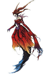  breasts claws cleavage eve_(parasite_eve) female fingernails long_fingernails long_hair medium_breasts monster_girl nomura_tetsuya official_art oversized_forearms oversized_limbs pale_skin parasite_eve red_hair sharp_fingernails solo 