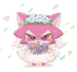  accessory blush bodily_fluids bouquet bow_(feature) bow_dress chicokado clothed clothing clothing_bow cocotama corsage dress ear_piercing felid female flower flower_bouquet flower_ornament hair himitsu_no_cocotama holding_bouquet holding_flower holding_object mammal piercing pink_eyes pink_hair plant ribbons solo sweat twin_bows twin_clothing_bows wedding_dress yurano_(cocotama) 