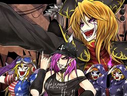  5girls american_flag_dress arm_warmers blonde_hair breasts chinese_clothes choker cloak clothes_writing clownpiece commentary_request crazy_eyes domino_mask fangs flag_print gloves goggles goggles_on_head hand_up hat hecatia_lapislazuli helmet hood hood_up hooded_cloak horn_speaker junko_(touhou) large_breasts mask medium_breasts multiple_girls open_mouth outstretched_arm pilot_helmet pointy_ears public_address_system purple_eyes purple_hair red_eyes red_hair robe ryuuichi_(f_dragon) salute sharp_teeth shirt smile speaker t-shirt teeth touhou 