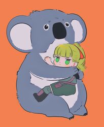  animal bad_id bad_twitter_id blonde_hair blunt_bangs blush chibi clinging female girls_und_panzer green_eyes hair_ribbon highres hug koala koala_forest_military_uniform long_hair looking_at_viewer orange_background ponytail ribbon shorts simple_background tama_launcher wallaby_(girls_und_panzer) 