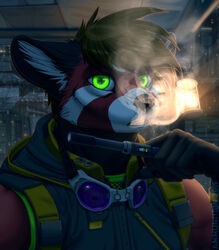  2019 ailurid anthro biped buckle canid canine clothed clothing detailed_background digital_media_(artwork) e-cigarette eyewear fighterjet fishnet_clothing fox fur goggles green_eyes hair hi_res hoodie hybrid lamp lantern looking_at_viewer male mammal multicolored_body multicolored_fur open_mouth outside post-apocalyptic raining red_panda shirt smoke smoking solo storm straps tank_top teeth tongue topwear vape vaping vest weather 