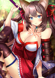  animal_ear_fluff animal_ears black_thighhighs blue_eyes blush bow breasts brown_hair caleen_keemosn chest_tattoo cleavage closed_mouth commentary detached_sleeves expressionless female fox_ears highres large_breasts long_hair looking_at_viewer multicolored_eyes purple_eyes red_bow red_skirt shiny_skin sitting skirt solo star_ocean star_ocean_anamnesis tattoo thighhighs twintails uzura_(moimoi) waist_bow white_sleeves zettai_ryouiki 