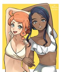  2girls chocolate_and_vanilla cleavage crop_top dark-skinned_female dark_skin echize_(n_fns17) female female_only light-skinned_female light_skin nessa_(pokemon) nintendo orange_hair pokemon pokemon_ss sonia_(pokemon) tagme 