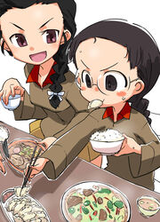  black_hair blush bowl braid chi-hatan_military_uniform chopsticks food food_on_face fukuda_(girls_und_panzer) girls_und_panzer hamahara_yoshio highres long_hair long_sleeves looking_at_another open_mouth plate red_eyes rice simple_background sitting smile sweatdrop tamada_(girls_und_panzer) v-shaped_eyebrows white_background 