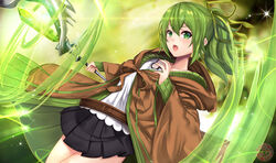  :o bad_id bad_pixiv_id black_skirt brown_cape cape cardigan commentary_request cowboy_shot duel_monster female floating_hair green_cardigan green_eyes green_hair green_ribbons hair_between_eyes hair_ribbon highres holding holding_staff long_hair long_sleeves miniskirt open_cardigan open_clothes photoshop_(medium) pleated_skirt ponytail ribbon shirt skirt solo staff standing untue white_shirt wynn_(yu-gi-oh!) wynn_the_wind_charmer yu-gi-oh! 