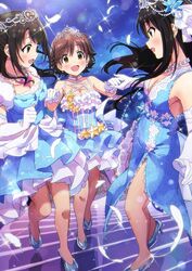  3girls bare_shoulders black_hair blue_dress blush breasts brown_eyes brown_hair cleavage collarbone dress earrings elbow_gloves feathers frilled_dress frills gem glass_slipper gloves green_eyes highres holding_hands honda_mio idolmaster idolmaster_cinderella_girls idolmaster_cinderella_girls_starlight_stage jewelry large_breasts layered_dress long_hair medium_breasts multiple_girls necklace new_generations_(idolmaster) open_mouth pearl_(gemstone) shibuya_rin shimamura_uzuki short_hair side_slit smile sonsoso standing star_(symbol) tiara white_gloves 