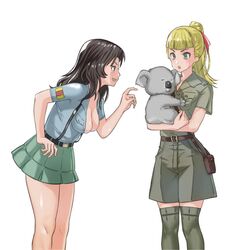  2girls animal aoshidan_(emblem) aoshidan_school_uniform bag blonde_hair breasts brown_hair cleavage clinging commentary el_(girls_und_panzer) girls_und_panzer green_eyes green_skirt koala koala_forest_military_uniform leaning_forward long_hair multiple_girls pleated_skirt ponytail school_uniform short_sleeves shorts simple_background skirt socks standing suspenders thighhighs thighs wallaby_(girls_und_panzer) white_background yamano_rita 