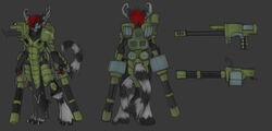 anthro armor barefoot black_eyes canid canine crux dual_wielding feet fox gatling_gun gun hair holding_object holding_weapon hybrid jet_pack machine machine_gun male mammal pav power_armor ranged_weapon red_hair shoulder_cannon solo stripes tail tankbuster v&sup2; weapon