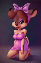 anthro big_breasts biped bonkers_(series) breasts brown_body brown_fur brown_hair brown_nose cleavage clothed clothing deer disney eyeshadow fawn_deer female fur green_eyes hair kneeling lipstick looking_at_viewer makeup mammal nitro purple_eyeshadow ribbons simple_background solo