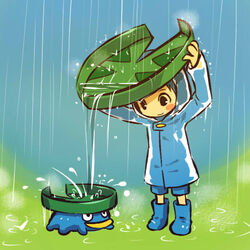 1:1 ambiguous_gender arms_above_head blue_raincoat boots clothing coat cosplay duo footwear generation_3_pokemon hitec hood human looking_at_another looking_down lotad male mammal monotreme nintendo outside platypus pokemon pokemon_(species) pokemon_trainer raincoat raining rubber_boots size_difference standing topwear waddling_head water