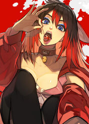  absurdres black_hair black_thighhighs blue_eyes blue_eyeshadow breasts catyla_(bird8700) cherry collar commission eyeshadow female food fruit hide_(hideout) highres large_breasts long_hair looking_at_viewer makeup multicolored_hair open_mouth original red_hair skeb_commission solo thighhighs tongue tongue_out two-tone_hair 