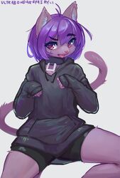  absurd_res anthro athletic athletic_anthro athletic_female black_bottomwear black_clothing black_hoodie black_shorts black_topwear bottomwear breasts clothed clothing collar digital_media_(artwork) domestic_cat english_text felid feline felis female front_view fully_clothed fully_clothed_anthro fur hair hi_res hoodie inner_ear_fluff mammal open_mouth purple_body purple_fur purple_hair seductive shorts simple_background solo spandex spandex_shorts tail text tight_bottomwear tight_clothing tight_shorts tongue tongue_out topwear tuft ultra_(ultrabondagefairy) ultrabondagefairy white_background 