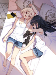  2girls :d arm_up armpits bed black_hair blonde_hair blue_shorts breasts cellphone clothes_grab commentary feet foot_out_of_frame from_above gun hair_spread_out handgun highres holster holstered indoors inoue_takina long_hair looking_at_another lycoris_recoil lying medium_breasts multiple_girls nishikigi_chisato nyoro_(nyoronyoro000) on_back on_bed on_side open_mouth phone pillow purple_eyes red_eyes sandals short_hair short_shorts shorts small_breasts smartphone smile tank_top unworn_holster weapon white_tank_top yuri 