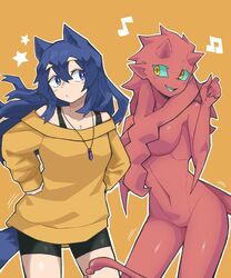  animal_humanoid black_bottomwear black_clothing black_shorts blue_eyes blue_sclera bottomwear breasts canid canid_humanoid canine canine_humanoid canis cleavage clothed clothing digital_media_(artwork) duo featureless_crotch female front_view fur hair hi_res horn horned_humanoid hotpants humanoid humanoid_pointy_ears jewelry light_body light_skin long_hair looking_at_another mammal mammal_humanoid nude nude_female nude_humanoid pendant purple_hair purple_tail red_body rekidesu sharp_teeth shorts simple_background smile sweater tail teal_sclera teeth text topwear tsukiko_(rekidesu) unknown_species wolf_humanoid yellow_background yellow_clothing yellow_eyes yellow_sweater yellow_topwear 