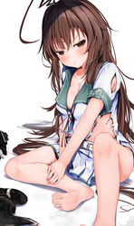  :t absurdres ahoge barefoot belt blush breasts brown_eyes brown_hair commentary dorsiflexion feet female foot_out_of_frame frown glaring green_sailor_collar highres huge_ahoge kantai_collection knee_up kuma_(kancolle) kuma_kai_ni_(kancolle) legs long_hair looking_at_viewer medium_breasts mok4suke pleated_shorts pleated_skirt pout red_ribbon ribbon sailor_collar sailor_shirt school_uniform serafuku shirt skirt soles solo toes torn_clothes torn_shirt torn_skirt v-shaped_eyebrows white_background white_belt white_shirt white_skirt 