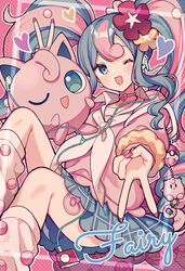  ;d amagi_hana aqua_eyes aqua_hair blue_skirt character_doll clefairy copyright_name digital_media_player double_v earphones fairy_miku_(project_voltage) female flower hair_flower hair_ornament hatsune_miku heart highres jigglypuff long_hair long_sleeves looking_at_viewer multicolored_hair necktie one_eye_closed open_mouth pink_hair pink_nails pink_necktie pink_sailor_collar poke_ball pokemon pokemon_(creature) project_voltage sailor_collar sailor_shirt shirt skirt smile twintails two-tone_hair v vocaloid 