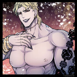  1boy abs birthmark black_border black_lips black_nails blonde_hair border bracelet commentary_request dio_brando earrings fingernails giga_omega grin jewelry joestar_birthmark jojo_no_kimyou_na_bouken large_pectorals male_focus muscular muscular_male oerba_yun_fang pectorals red_eyes scar scar_on_neck sharp_fingernails smile solo stardust_crusaders upper_body 