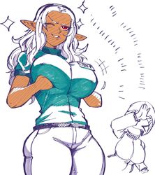  &gt;_&lt; 2girls alternate_breast_size breast_lift breasts breasts_squeezed_together chibi chibi_inset curvy dark-skinned_female dark_elf dark_skin deep_skin denim elf elf-san_wa_yaserarenai. elfuda_(elf-san_wa_yaserarenai.) employee_uniform green_shirt gutsbro highres jeans kuroeda_(elf-san_wa_yaserarenai.) large_breasts long_pointy_ears mole mole_under_eye multiple_girls name_tag one_eye_closed pants pointy_ears red_eyes shirt smile solo_focus sparkle thick_thighs thighs uniform white_hair white_pants 