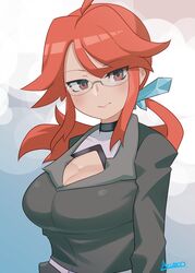  ahoge artist_name black_jacket blush breasts cleavage cleavage_cutout clothing_cutout collarbone commentary_request female formal glasses highres jacket large_breasts long_sleeves lorelei_(pokemon) pokemon pokemon_lgpe ponytail red_eyes red_hair ryuusui_arumo semi-rimless_eyewear sidelocks solo swept_bangs turtleneck 