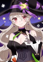  bare_shoulders breasts cleavage closed_mouth corrin_(female)_(fire_emblem) corrin_(female)_(halloween)_(fire_emblem) corrin_(fire_emblem) female fire_emblem fire_emblem_fates fire_emblem_heroes gmais2514 hair_between_eyes halloween halloween_costume hat highres long_hair looking_at_viewer official_alternate_costume red_eyes solo upper_body witch witch_hat 