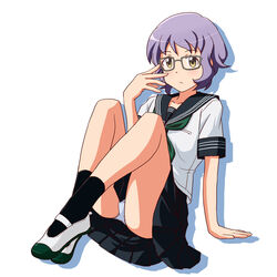  :&lt; arm_support black_sailor_collar black_skirt black_socks check_commentary commentary_request expressionless female glasses green_neckerchief grey-framed_eyewear hand_up idolmaster idolmaster_million_live! idolmaster_million_live!_theater_days legs lielos light_blush looking_at_viewer makabe_mizuki neckerchief official_alternate_costume panties pantyshot pleated_skirt purple_hair sailor_collar school_uniform shadow shirt shoes short_hair short_sleeves sidelocks sitting skirt socks solo thighs underwear uwabaki wavy_hair white_background white_footwear white_panties white_shirt yellow_eyes 