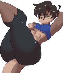  2023 ahoge anthro ass big_butt black_bottomwear black_clothing black_hair black_nose black_pants blue_clothing blue_shirt blue_tank_top blue_topwear bottomwear brown_body brown_fur clothed clothing femboy frown fur green_eyes green_pupils hair half-closed_eyes hi_res leggings legs_up legwear looking_at_viewer lying male mammal mr-shin muscular muscular_anthro muscular_femboy muscular_male mustelid narrowed_eyes on_back otter pants pose pupils raised_clothing raised_shirt raised_topwear river_otter shin_(mr-shin) shirt simple_background solo tan_body tan_fur tank_top thick_thighs tight_clothing topwear white_background wide_hips yoga_pants 