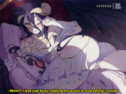  1990s_(style) ainz_ooal_gown albedo_(overlord) areola_slip artist_logo artist_name barefoot black_hair bluethebone breasts cleavage commentary covered_nipples dakimakura_(object) dress english_commentary english_text female highres large_breasts long_hair looking_at_viewer lying on_bed on_side one_eye_closed overlord_(maruyama) paid_reward_available patreon_username pillow retro_artstyle smile solo subtitled talking white_dress yellow_eyes 