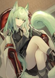  animal_ear_fluff animal_ears annoyed arknights black_bow black_bowtie black_shorts bow bowtie buttons card cardigan cat_ears cat_girl cat_tail chains coat collared_shirt commentary dutch_angle feet_out_of_frame female green_eyes green_hair grey_cardigan hand_on_own_head harmonie_(arknights) head_tilt hemorina highres indoors infection_monitor_(arknights) knees_up long_hair looking_to_the_side open_clothes open_coat open_mouth playing_with_own_hair shirt shorts sidelocks sitting solo tail tail_belt white_coat white_shirt 