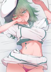  absurdres arrow_(symbol) blue_eyes blush breasts clothes_lift female green_hair hair_between_eyes hat heterochromia highleg highleg_panties highres kantai_collection kiso_(kancolle) kiso_kai_ni_(kancolle) looking_at_viewer lying medium_breasts medium_hair midriff nose_blush on_back panties pink_panties pleated_skirt sailor_collar scar scar_across_eye school_uniform serafuku shiawase_hougan shirt_lift short_sleeves skirt skirt_lift solo sweat underwear white_hat white_skirt yellow_eyes 