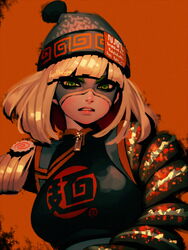  arms_(game) artist_name beanie bellhenge black_shirt blonde_hair blue_hat blue_mask blue_sleeves blunt_bangs blunt_ends breasts chin chinese_clothes collared_shirt commentary english_commentary eye_mask female food frown gleam green_eyes hat kamaboko large_breasts looking_at_viewer meandros min_min_(arms) narutomaki open_mouth orange_background orange_theme orange_trim pink_lips pom_pom_(clothes) pom_pom_beanie shirt short_hair short_sleeves solo super_smash_bros. teeth upper_body v-shaped_eyebrows zipper_pull_tab 