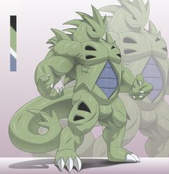  absurd_res anthro armor_plates biceps big_arms big_biceps black_eyes blue_body blue_scales claws dark_eyes dinosaur extinct featureless_crotch generation_2_pokemon green_body green_scales green_skin hi_res hole_(anatomy) hybrid male monster muscular muscular_anthro muscular_arms muscular_legs muscular_male muscular_thighs nintendo palette pecs plated_scales pokemon pokemon_(species) pose prehistoric_species reptile scales scalie serratus solo spiked_body spiked_tail spikes spikes_(anatomy) tail tyranitar valentinesartx 