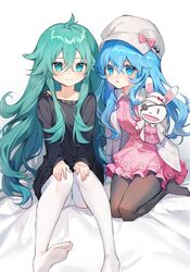  2girls black_shirt blue_eyes blue_hair blush brown_pantyhose commentary date_a_live dress eyepatch green_eyes green_hair grey_headwear hair_between_eyes hand_puppet highres jacket long_hair long_sleeves looking_at_viewer multiple_girls natsumi_(date_a_live) no_shoes open_mouth pantyhose pink_dress puppet shirt soles white_jacket white_pantyhose yoshino_(date_a_live) yoshinon yunweishukuang 