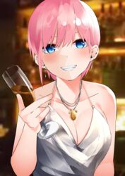  :d absurdres alcohol artistic_error azur_lane bare_arms bare_shoulders blue_eyes blurry blurry_background blush breasts cleavage cleavage_cutout clothing_cutout collarbone commentary_request commission cosplay cup dress drinking_glass earrings eyebrows_hidden_by_hair eyelashes female go-toubun_no_hanayome grey_dress grin hair_between_eyes highres holding holding_cup indoors jewelry large_breasts looking_at_viewer mame1645 nakano_ichika necklace no_bra official_alternate_costume photo_background pink_hair short_hair skeb_commission sleeveless sleeveless_dress smile solo st._louis_(azur_lane) st._louis_(azur_lane)_(cosplay) st._louis_(luxurious_wheels)_(azur_lane) upper_body v-shaped_eyebrows wine wine_glass 