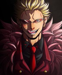  1boy black_background black_shirt blonde_hair blood blood_on_clothes blood_on_face blood_splatter blue_eyes coat collared_shirt donquixote_doflamingo earrings feather_coat highres jewelry licking_lips looking_at_viewer male_focus mesukohi necktie one_piece open_mouth pink_coat portrait red_necktie red_suit shirt short_hair smile solo suit teeth tongue tongue_out 