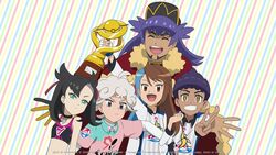  2girls 3boys :d ahoge bede_(pokemon) black_choker black_hair black_headwear brown_eyes brown_hair choker closed_eyes closed_mouth collared_shirt curly_hair dark-skinned_male dark_skin eyelashes facial_hair gloria_(pokemon) gloves green_eyes gym_challenge_uniform hat hop_(pokemon) leon_(pokemon) long_hair marnie_(pokemon) midriff mixed-language_commentary multiple_boys multiple_girls noelia_ponce open_mouth pink_shirt pokemon pokemon_swsh purple_hair shirt smile sports_bra striped striped_background teeth tongue trophy undershirt upper_teeth_only v watermark 