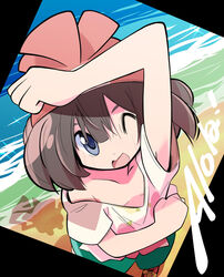  ;d aqua_shorts arm_up beach beanie black_hair blue_eyes breasts cleavage collarbone downblouse female floral_print from_above hair_between_eyes hat highres one_eye_closed pokemon pokemon_sm print_shirt rascal_(feuille) red_hat rotom rotom_dex sand selene_(pokemon) shirt short_hair short_sleeves shorts small_breasts smile solo water white_shirt 