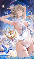  absurdres armpits arms_up blonde_hair blue_butterfly breasts bug butterfly butterfly_hair_ornament christmas_star covered_navel dated_commentary female floating_hair glint green_eyes grin groin hair_ornament highres houkisei lace lace_dress long_hair medium_breasts momoko_(houkisei) night night_sky one-piece_swimsuit original parted_lips shooting_star skindentation sky smile solo star_(sky) star_(symbol) starry_sky sweat swimsuit thigh_strap very_long_hair wading water white_one-piece_swimsuit 