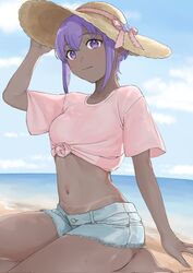  alternate_costume arm_support arm_up beach blue_shorts blue_sky closed_mouth dark-skinned_female dark_skin denim denim_shorts fate/grand_order fate_(series) female hand_on_headwear hassan_of_serenity_(fate) hat hat_ribbon highres hyakuashi2525 light_blush looking_at_viewer midriff navel ocean outdoors pink_ribbon pink_shirt purple_eyes purple_hair ribbon sand shirt short_hair short_shorts short_sleeves shorts signature sitting sky solo straw_hat sweat t-shirt tan tanlines tied_shirt very_dark_skin 