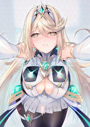  black_pantyhose blonde_hair blush breast_focus breasts circlet cleavage cleavage_cutout clothing_cutout core_crystal_(xenoblade) cowboy_shot dress earrings elbow_gloves female gloves glowing grin half-closed_eyes inoue_takuya_(tactactak) jewelry large_breasts leaning_forward long_hair looking_at_viewer mythra_(massive_melee)_(xenoblade) mythra_(xenoblade) outstretched_arms pantyhose parted_lips smile solo swept_bangs teeth thigh_strap very_long_hair white_dress white_gloves xenoblade_chronicles_(series) xenoblade_chronicles_2 yellow_eyes 