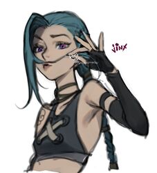  arcane:_league_of_legends arcane_jinx artist_name bare_shoulders black_gloves braid breasts character_name cloud_tattoo cropped_torso detached_sleeves female fingerless_gloves gloves green_hair highres jewelry jinx_(league_of_legends) league_of_legends long_hair looking_at_viewer necklace pink_eyes shoulder_tattoo simple_background small_breasts tattoo upper_body white_background wosashimi 