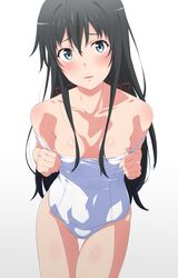  absurdres ass_visible_through_thighs bare_shoulders black_hair blue_eyes blush breasts clothes_pull collarbone competition_school_swimsuit female hair_between_eyes hair_ribbon highres long_hair looking_at_viewer one-piece_swimsuit one-piece_swimsuit_pull parted_lips red_ribbon ribbon school_swimsuit shou937 sidelocks simple_background small_breasts solo swimsuit thigh_gap white_background white_one-piece_swimsuit yahari_ore_no_seishun_lovecome_wa_machigatteiru. yukinoshita_yukino 