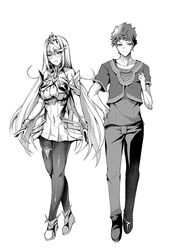  1boy :d breasts circlet cleavage cleavage_cutout closed_mouth clothing_cutout commentary_request core_crystal_(xenoblade) dress elbow_gloves female full_body gloves greyscale inoue_takuya_(tactactak) large_breasts long_hair looking_at_viewer monochrome mythra_(massive_melee)_(xenoblade) mythra_(xenoblade) open_mouth pants pantyhose rex_(xenoblade) short_hair short_sleeves simple_background smile spiked_hair standing swept_bangs thigh_strap very_long_hair white_background xenoblade_chronicles_(series) xenoblade_chronicles_2 xenoblade_chronicles_3 xenoblade_chronicles_3:_future_redeemed 